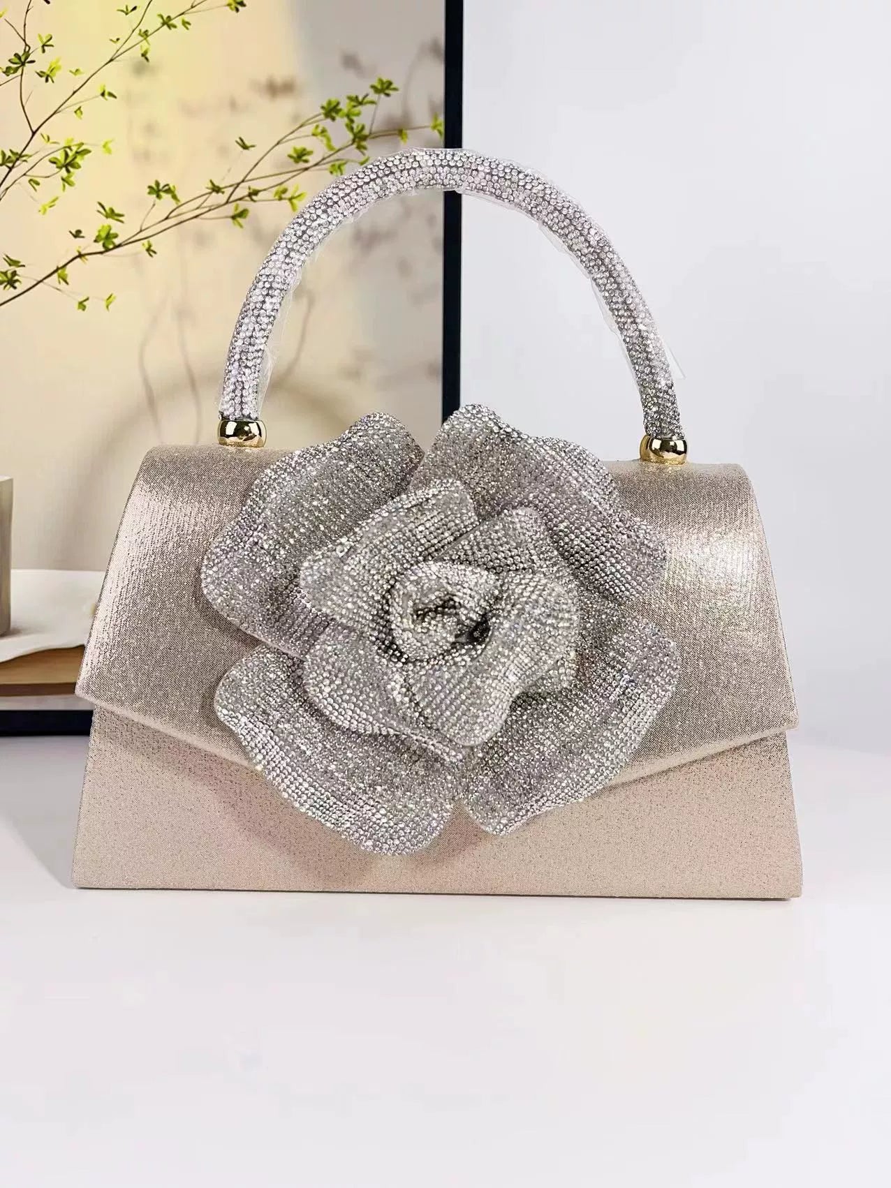 European and American Style Diamond Rose Handbag - Elegant Evening Bag with Crystal Detailing