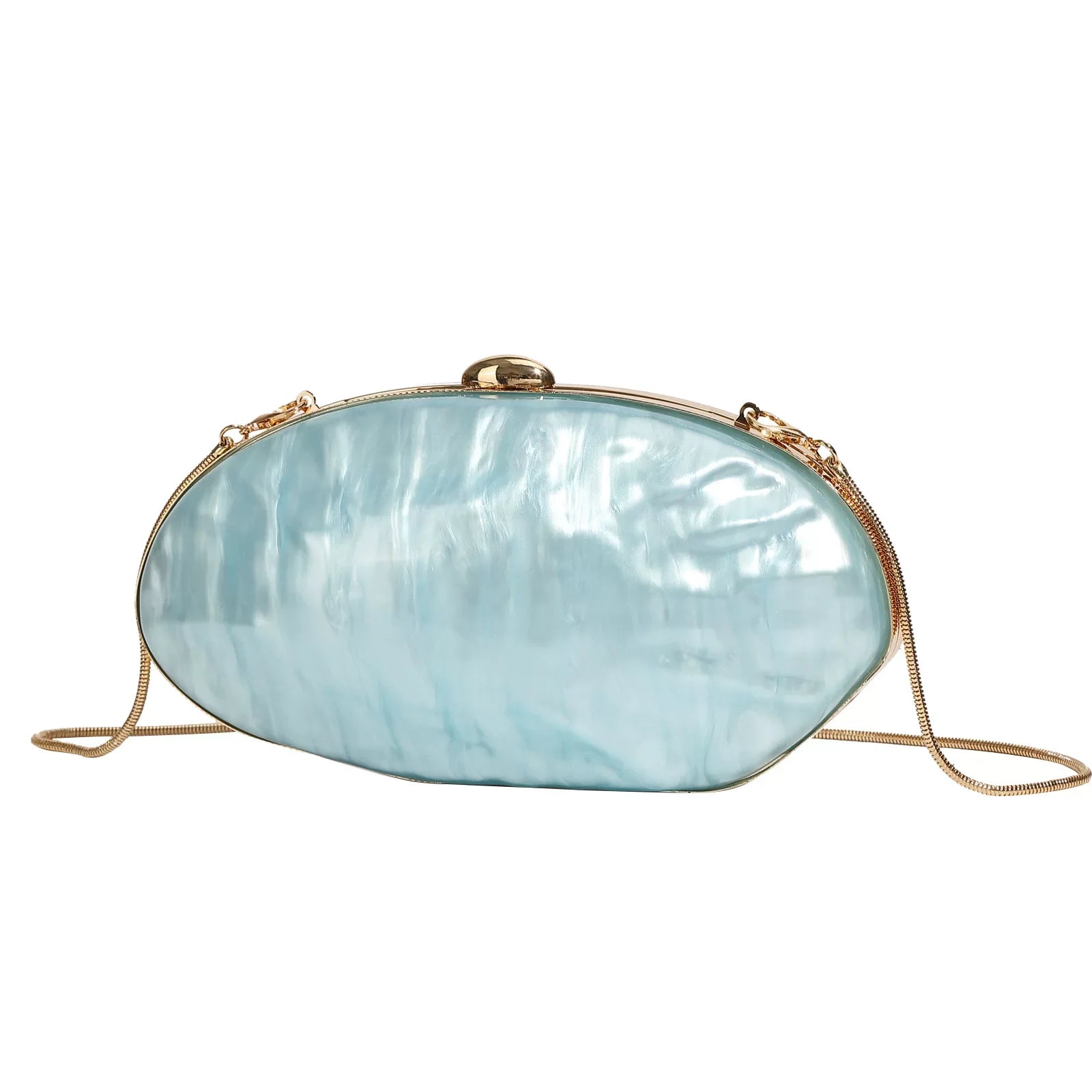 Elegant Pearl White Oval Evening Clutch – Gold Chain Shoulder Bag for Women