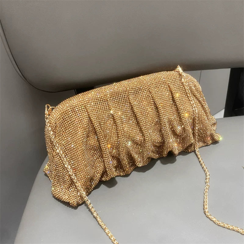Women's Rhinestone Pleated Evening Bag – One-Shoulder, Crossbody Shiny Clutch for Formal Events