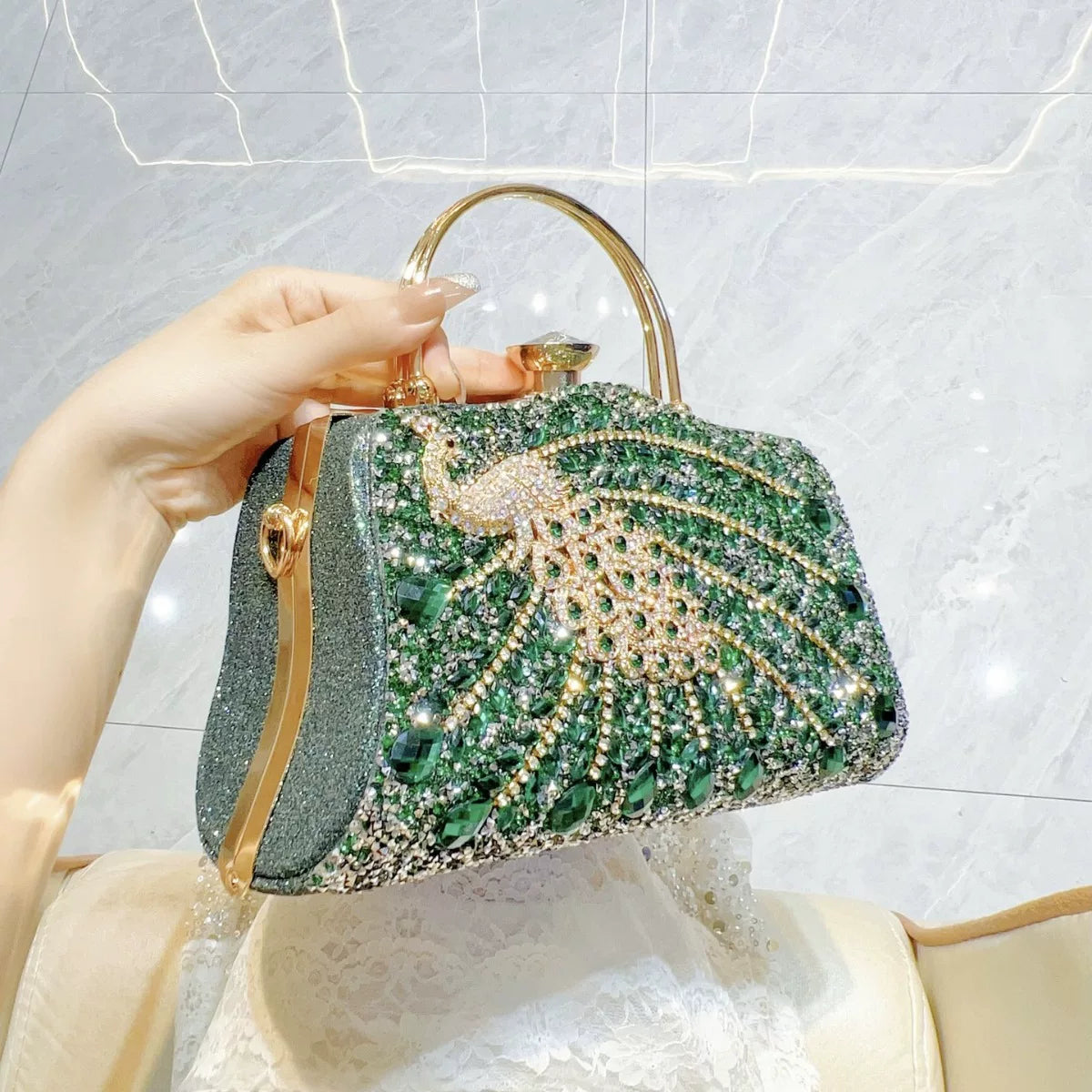 Peacock Rhinestone Evening Handbag for Women – Top Handle and Chain Strap Formal Clutch