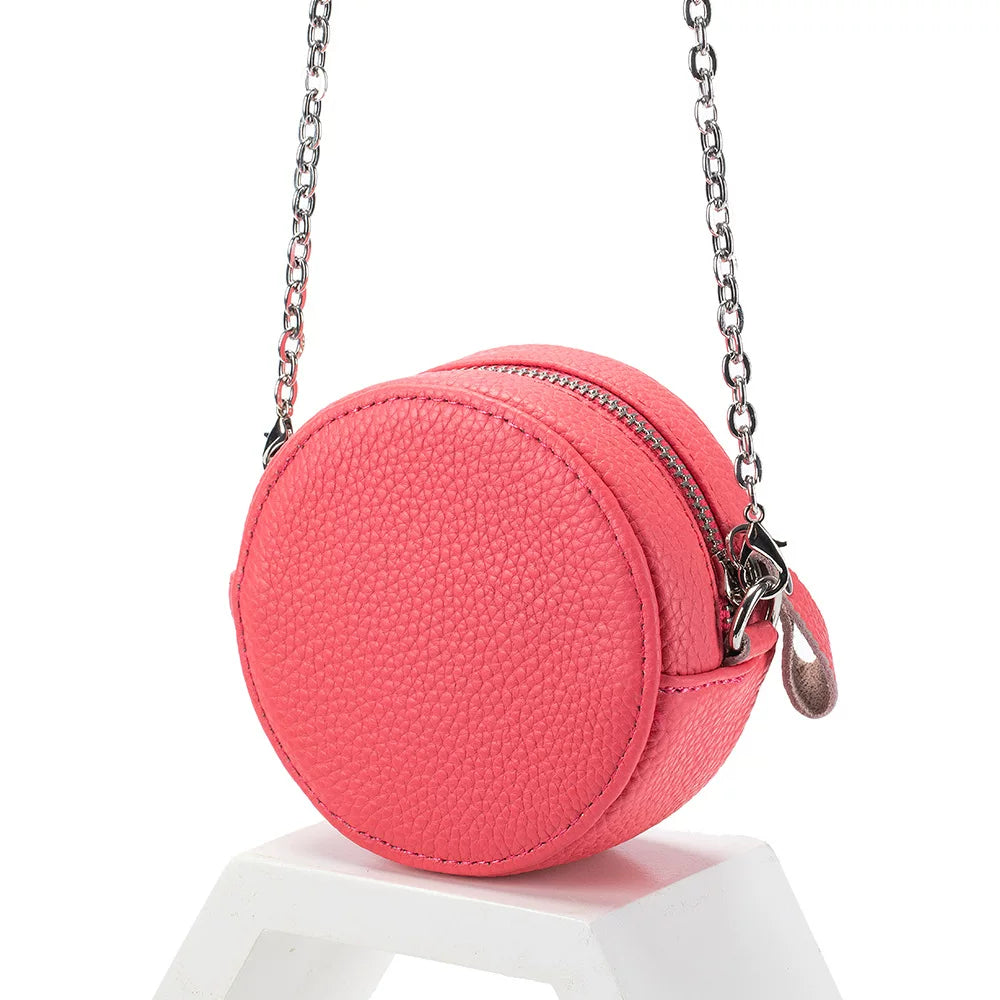 New Genuine Leather Round Mini Chain Shoulder Crossbody Bag – Women’s First Layer Cowhide Portable Powder Storage Bag
