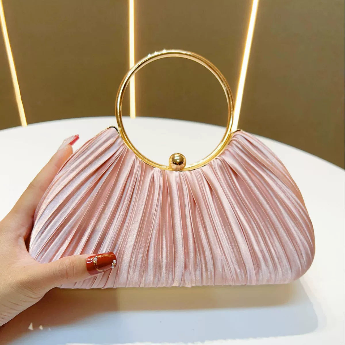 Women's Pleated Evening Handbag – Party Dress Bag with Ring Detail, Elegant KTV Princess Style