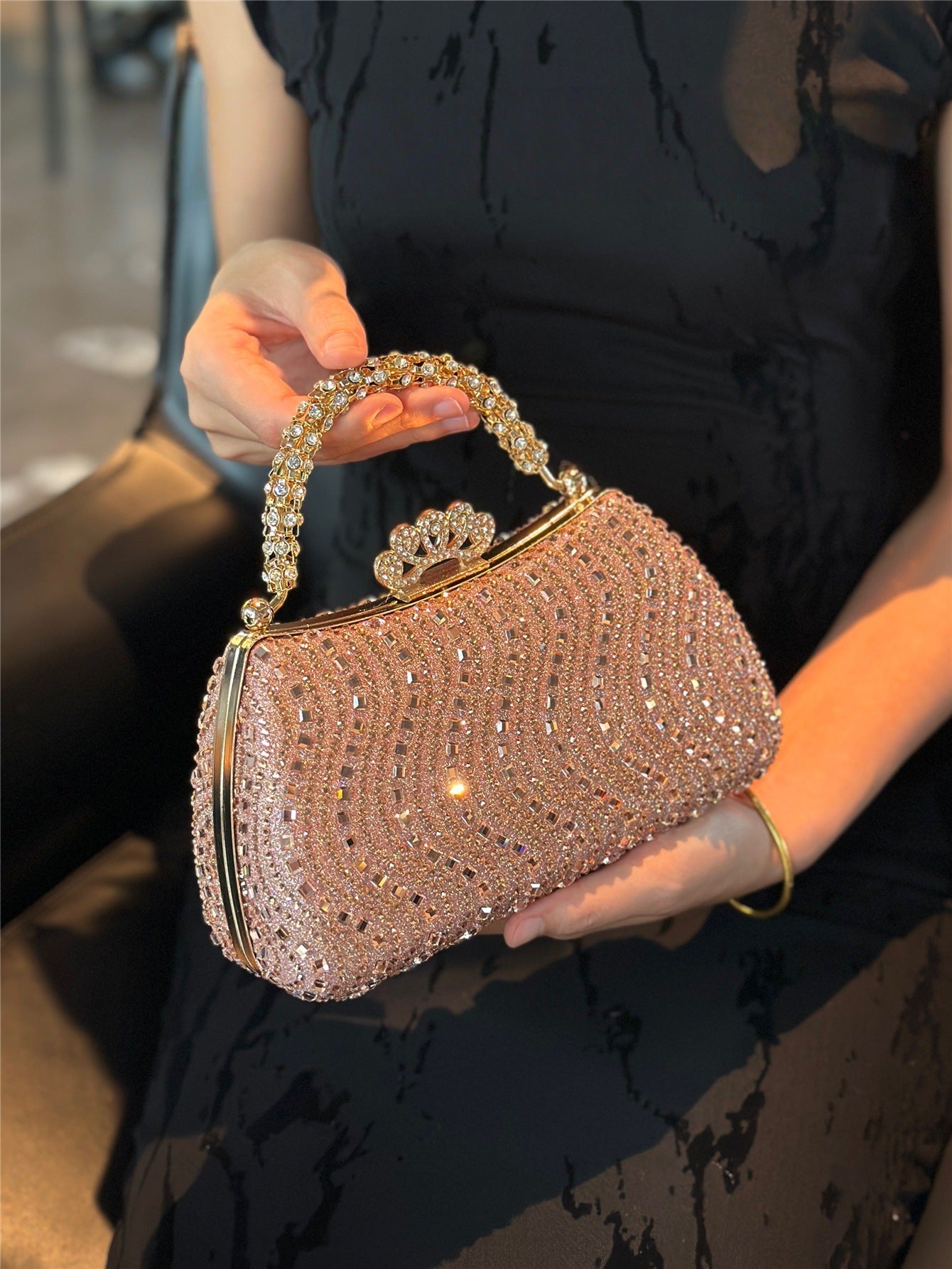 Elegant Pearl and Rhinestone Evening Bag – Beaded Handbag with Crown Handle for Women