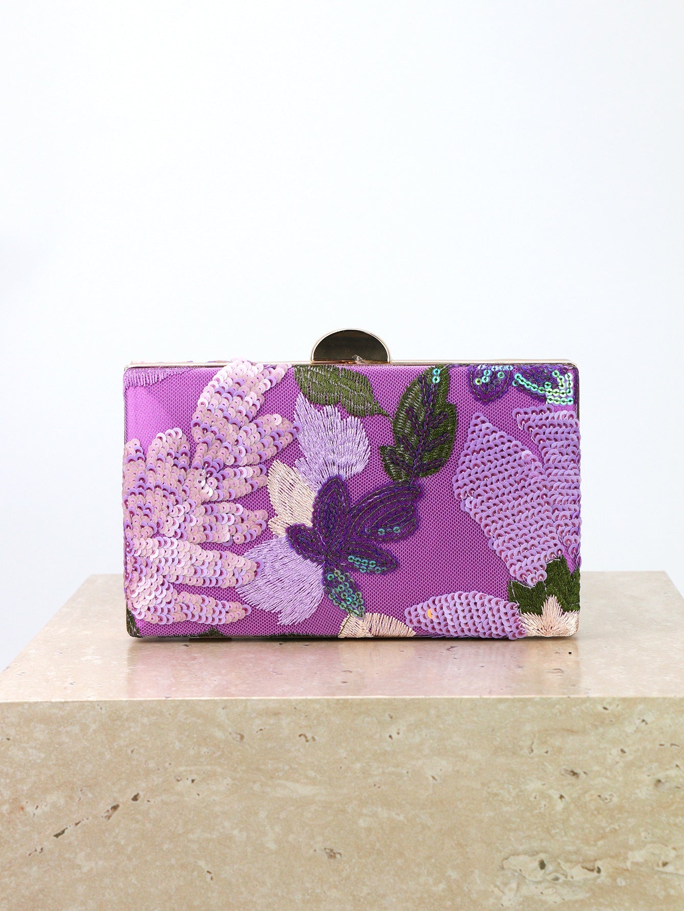 Elegant Purple Floral Sequin Evening Bag – Gold Chain Clutch for Women