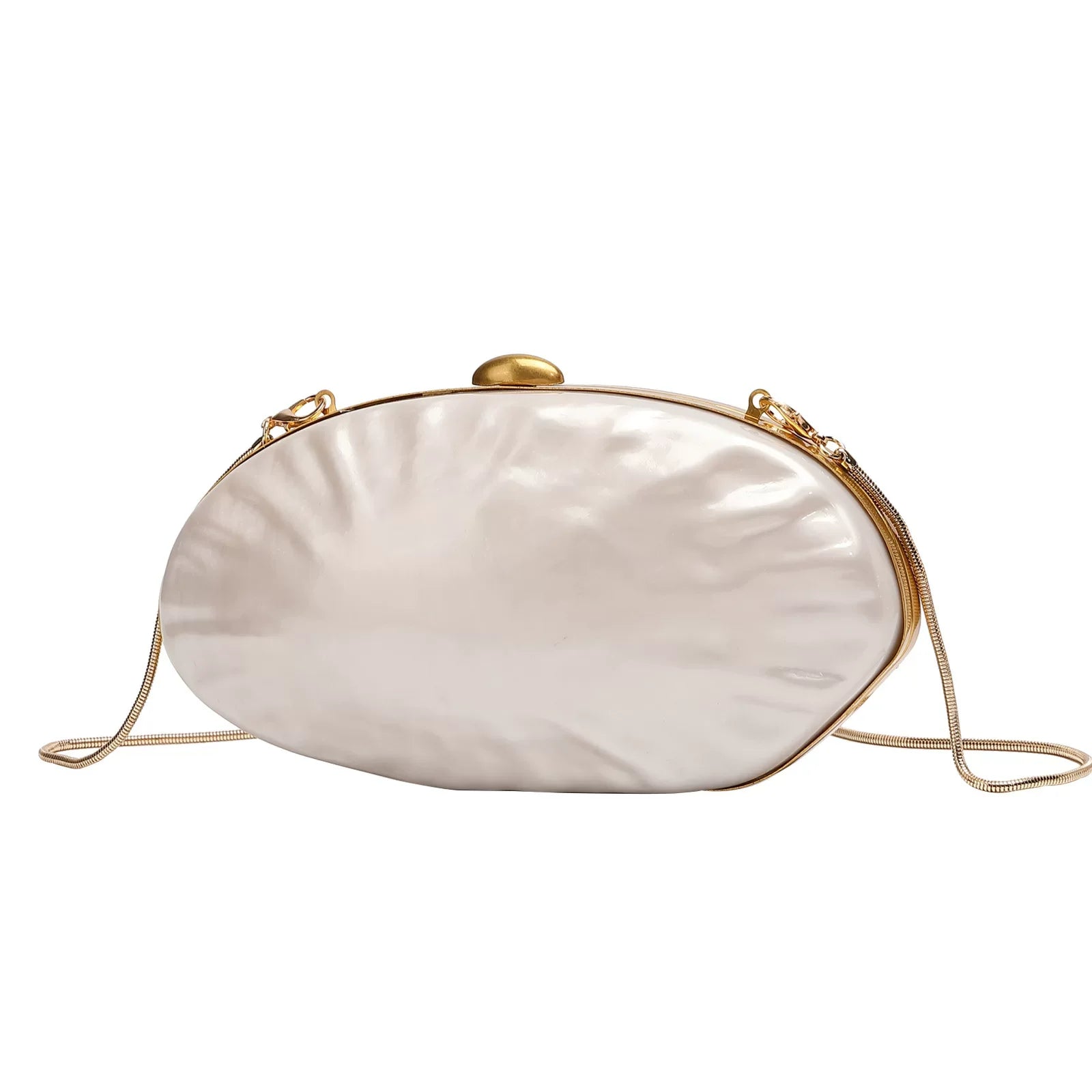 Elegant Pearl White Oval Evening Clutch – Gold Chain Shoulder Bag for Women