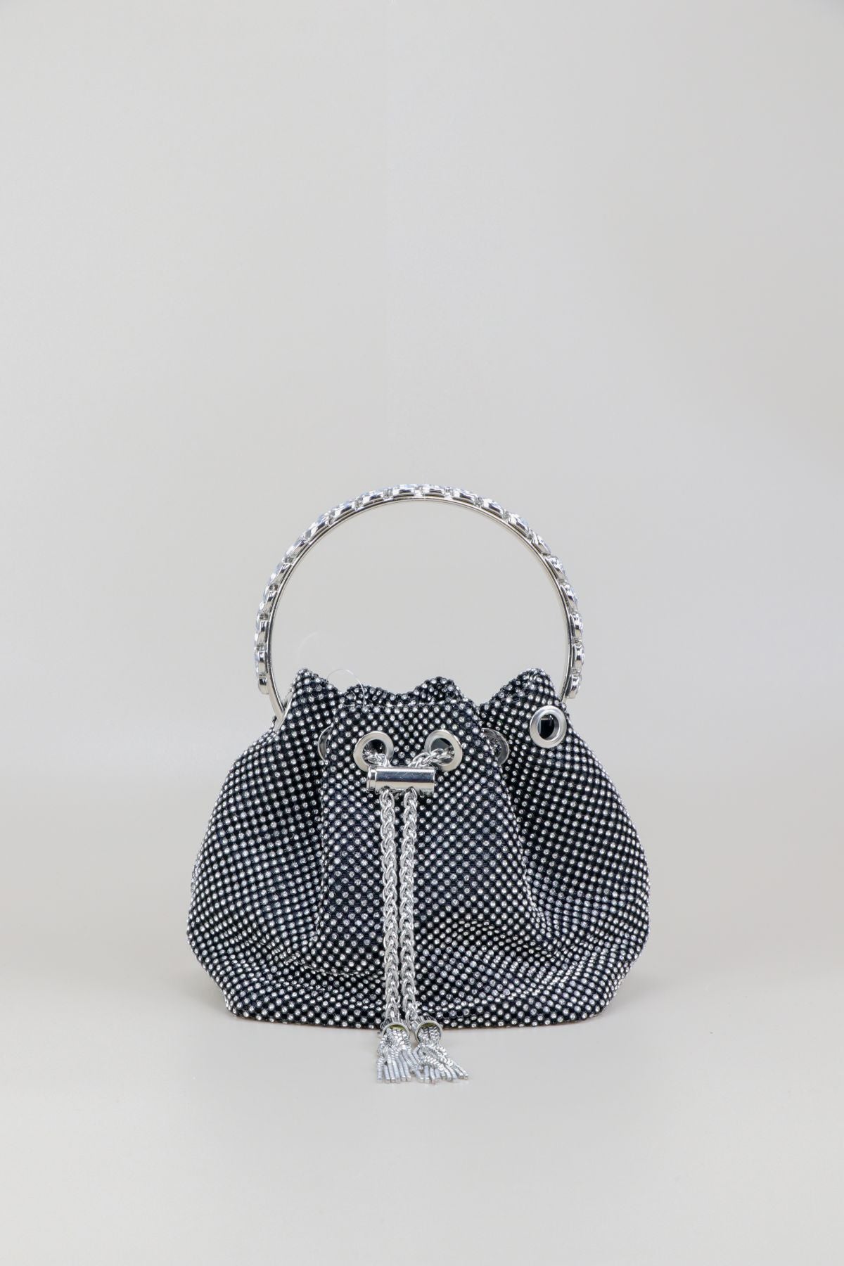 Silver Rhinestone Drawstring Evening Bag – Metallic Chain Handle Clutch for Women