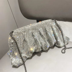 Women's Rhinestone Pleated Evening Bag – One-Shoulder, Crossbody Shiny Clutch for Formal Events
