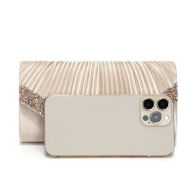 Satin Pleated Rhinestone Evening Clutch for Women – Wedding & Banquet Shoulder Bag