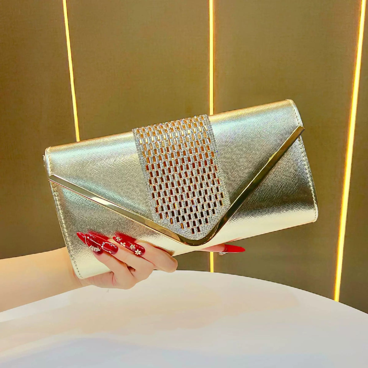 Elegant Gold Metallic Clutch – Rhinestone Detail Evening Bag for Women