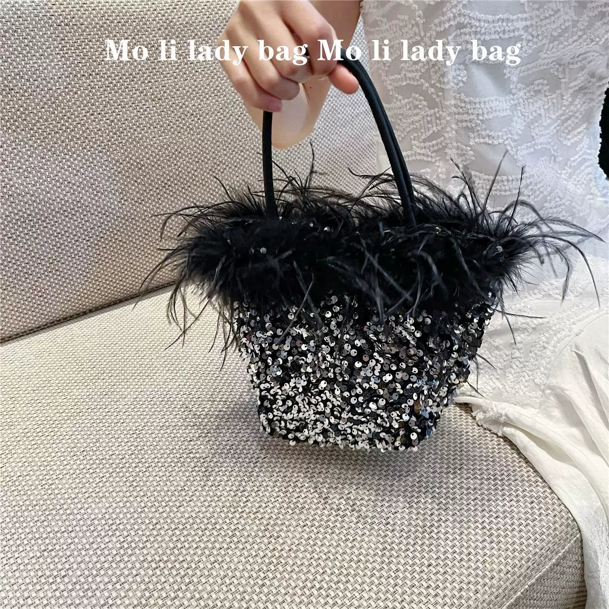 2025 Sequin Dinner Bag with Ostrich Feather - Handheld, Shoulder, and Crossbody Party Bag for Women
