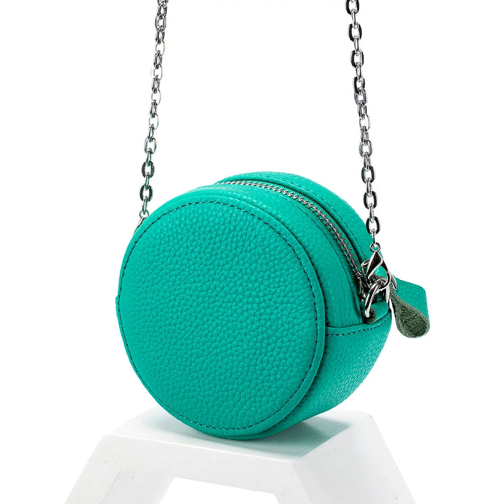 New Genuine Leather Round Mini Chain Shoulder Crossbody Bag – Women’s First Layer Cowhide Portable Powder Storage Bag