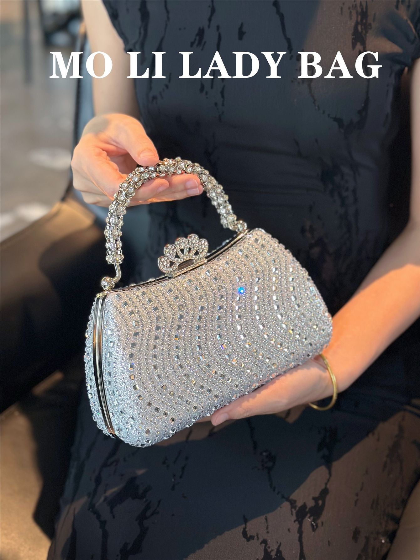 Elegant Pearl and Rhinestone Evening Bag – Beaded Handbag with Crown Handle for Women