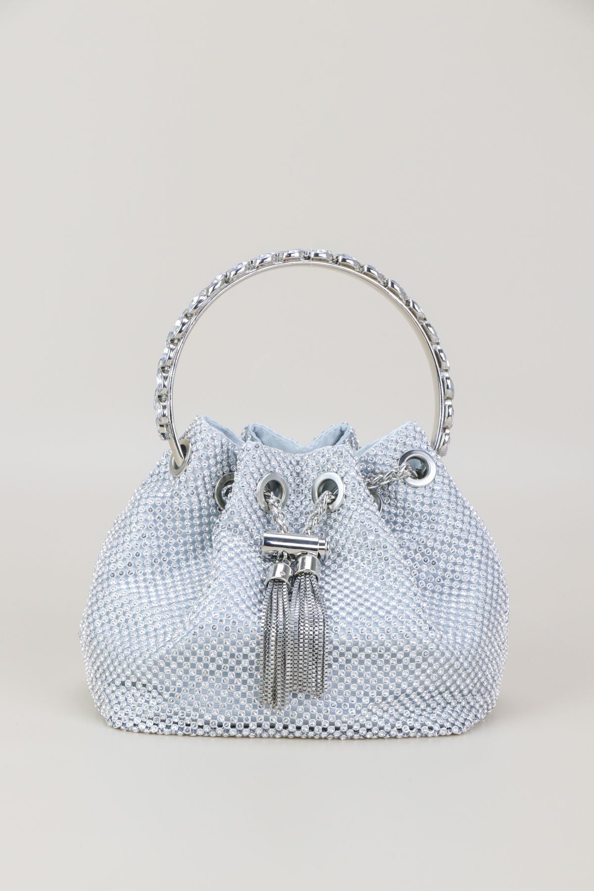 Silver Rhinestone Drawstring Evening Bag – Metallic Chain Handle Clutch for Women