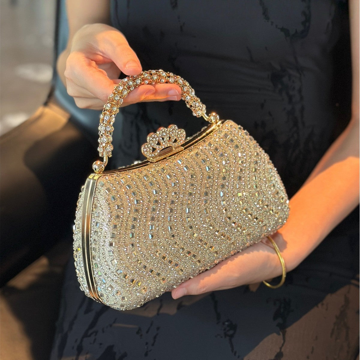 Elegant Pearl and Rhinestone Evening Bag – Beaded Handbag with Crown Handle for Women