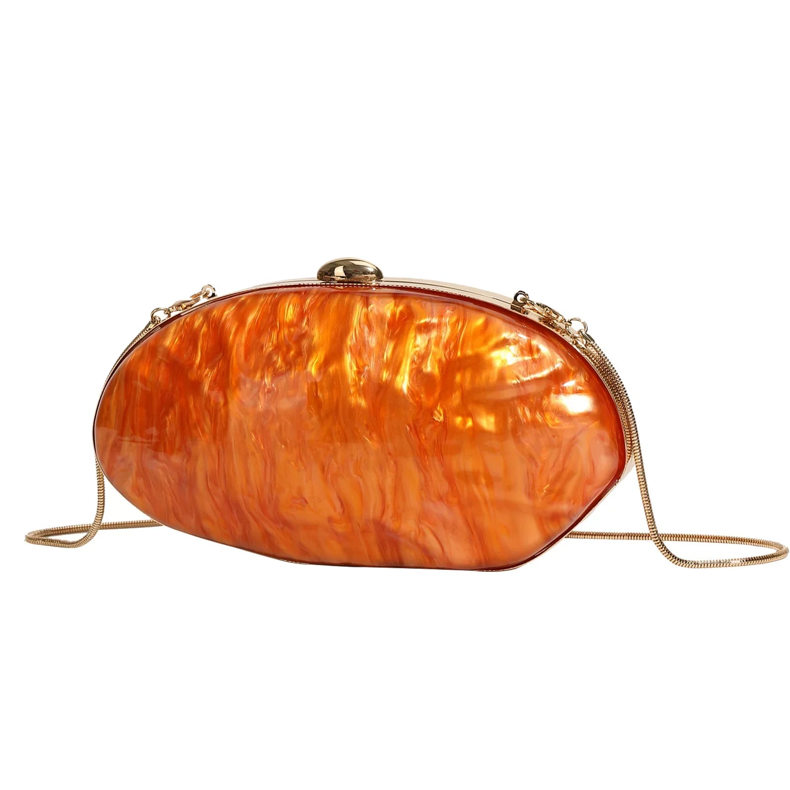 Elegant Pearl White Oval Evening Clutch – Gold Chain Shoulder Bag for Women