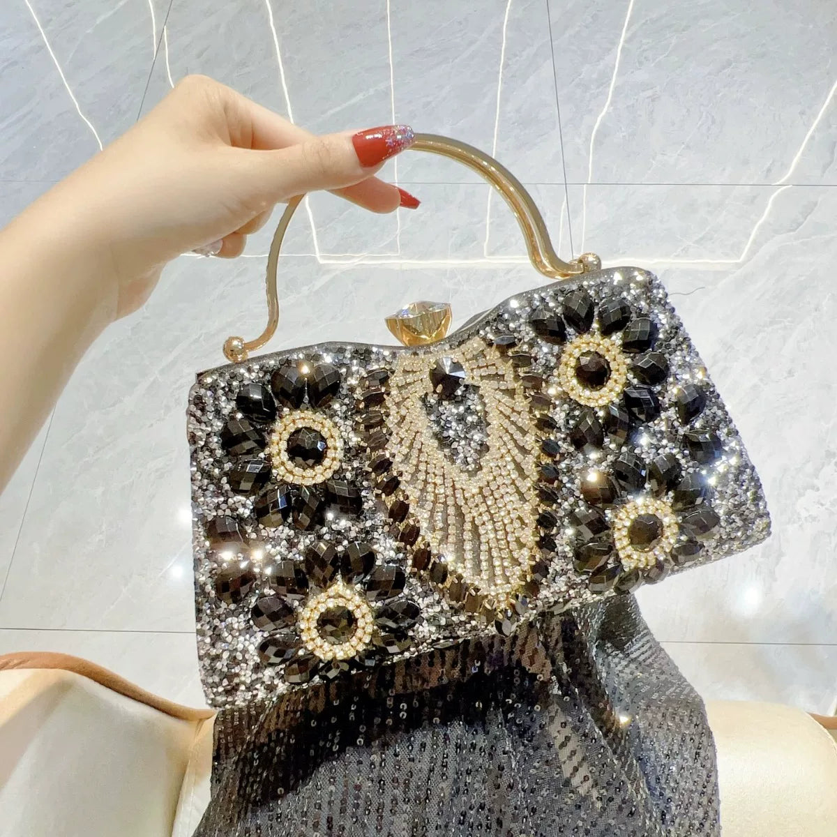 Gold Rhinestone Evening Clutch for Women – Crystal Floral Formal Wedding Handbag