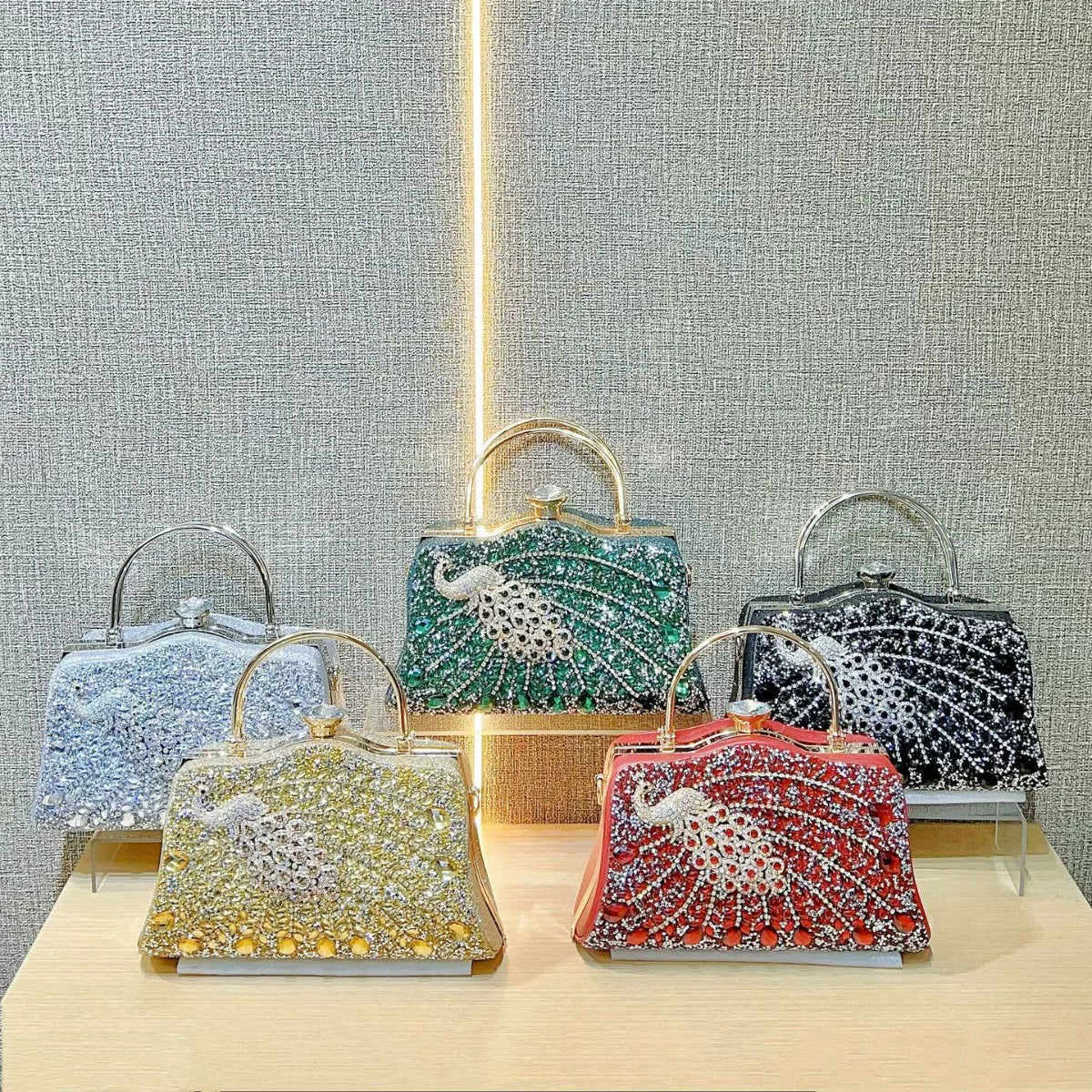 Peacock Rhinestone Evening Handbag for Women – Top Handle and Chain Strap Formal Clutch