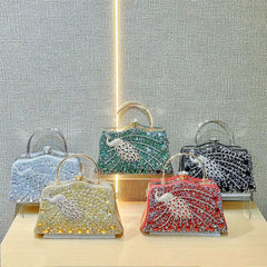 Peacock Rhinestone Evening Handbag for Women – Top Handle and Chain Strap Formal Clutch