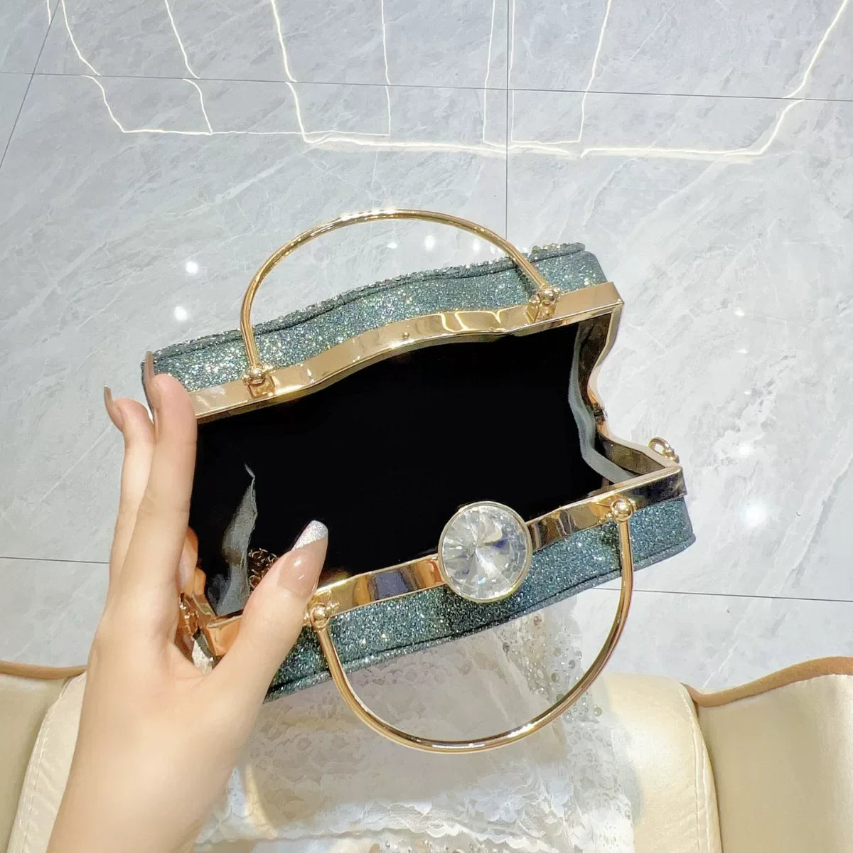 Peacock Rhinestone Evening Handbag for Women – Top Handle and Chain Strap Formal Clutch