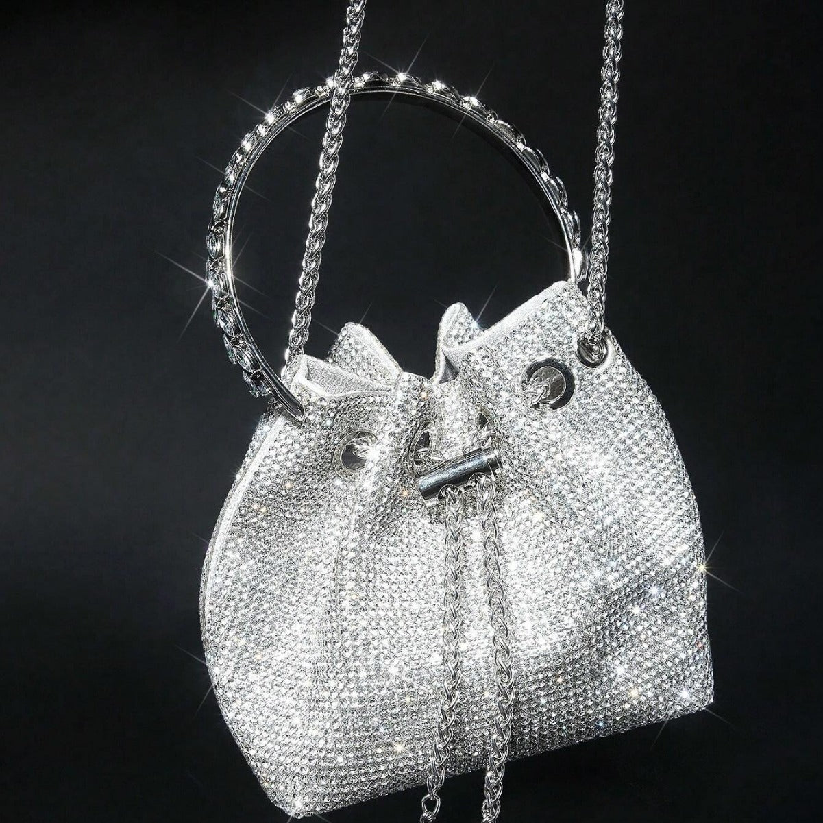 Silver Rhinestone Drawstring Evening Bag – Metallic Chain Handle Clutch for Women