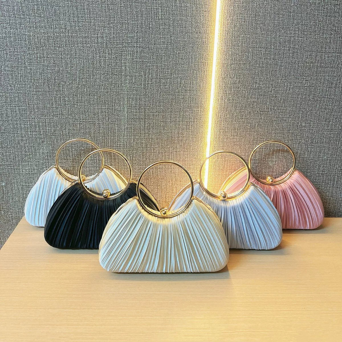 Women's Pleated Evening Handbag – Party Dress Bag with Ring Detail, Elegant KTV Princess Style