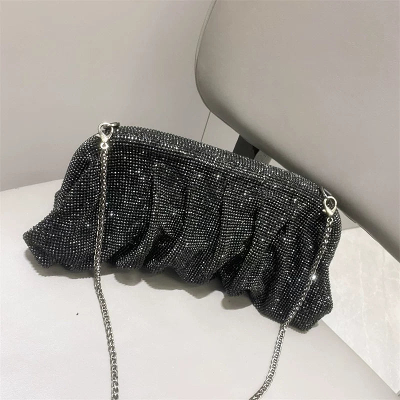 Women's Rhinestone Pleated Evening Bag – One-Shoulder, Crossbody Shiny Clutch for Formal Events