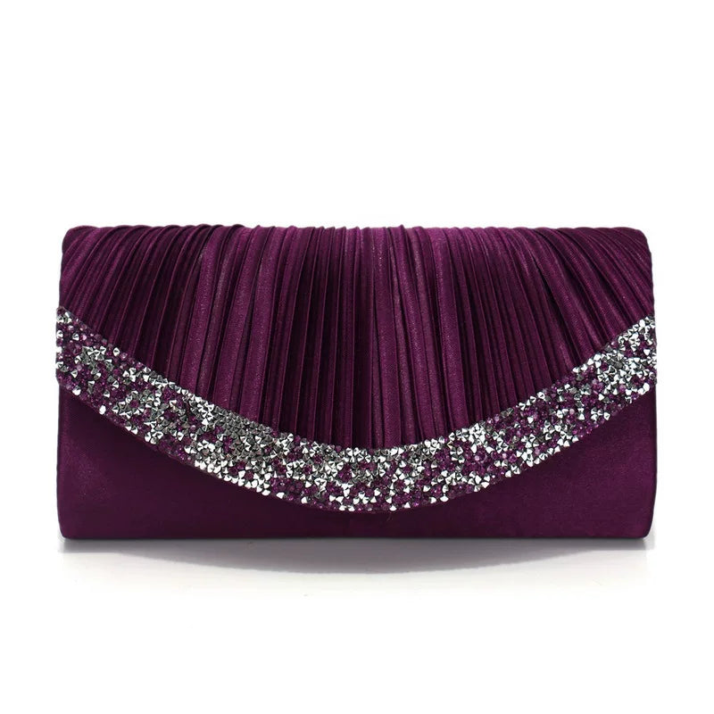 Satin Pleated Rhinestone Evening Clutch for Women – Wedding & Banquet Shoulder Bag