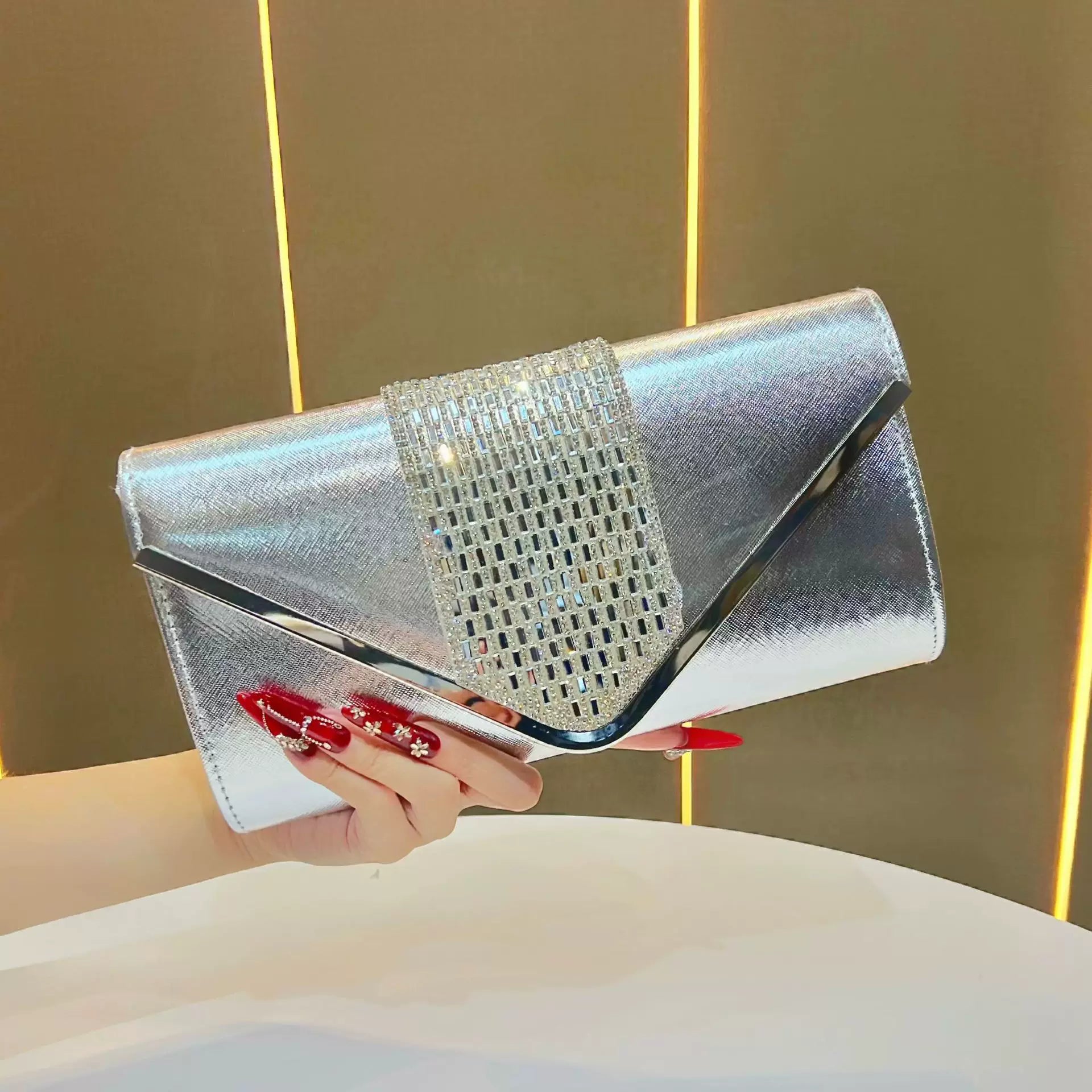 Elegant Gold Metallic Clutch – Rhinestone Detail Evening Bag for Women