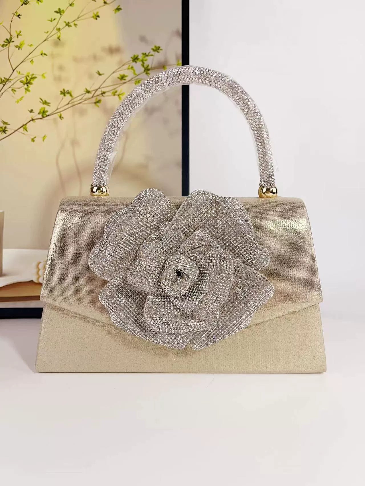 European and American Style Diamond Rose Handbag - Elegant Evening Bag with Crystal Detailing
