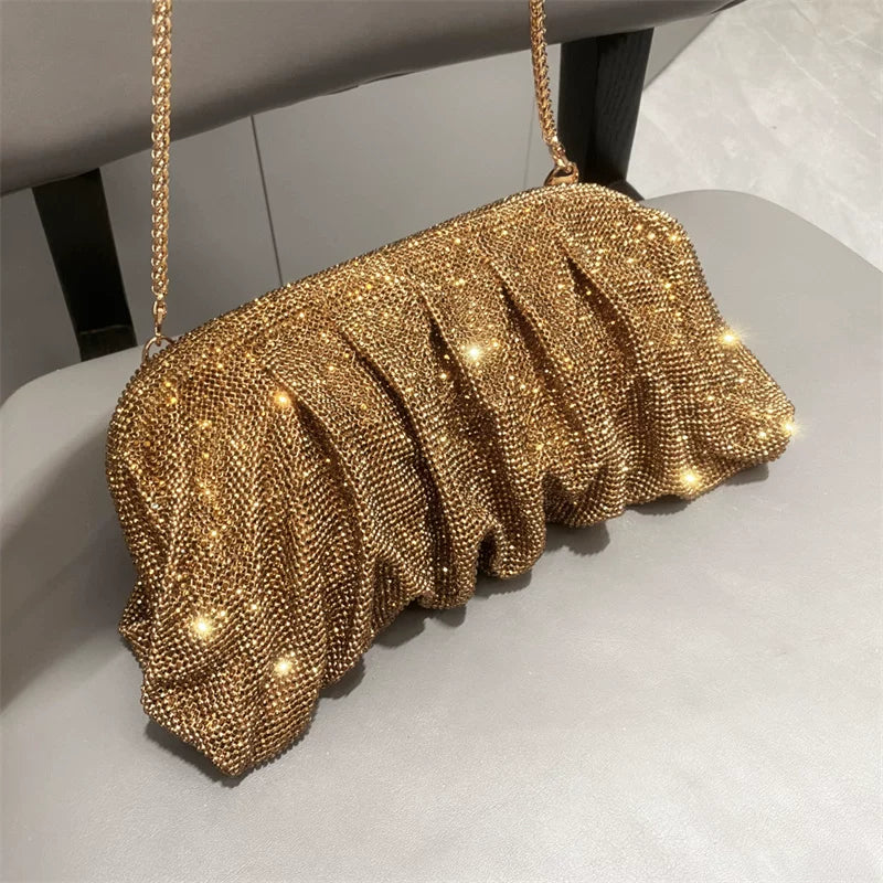 Women's Rhinestone Pleated Evening Bag – One-Shoulder, Crossbody Shiny Clutch for Formal Events