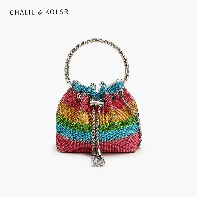 2025 High-End Pink Rainbow Diamond Evening Bag - Rhinestone Crossbody Handbag for Women
