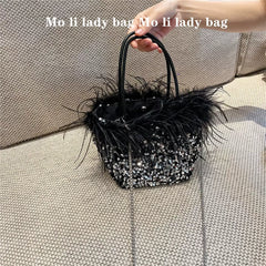 2025 Sequin Dinner Bag with Ostrich Feather - Handheld, Shoulder, and Crossbody Party Bag for Women