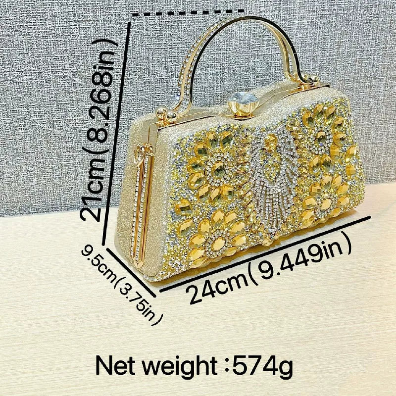 Gold Rhinestone Evening Clutch for Women – Crystal Floral Formal Wedding Handbag
