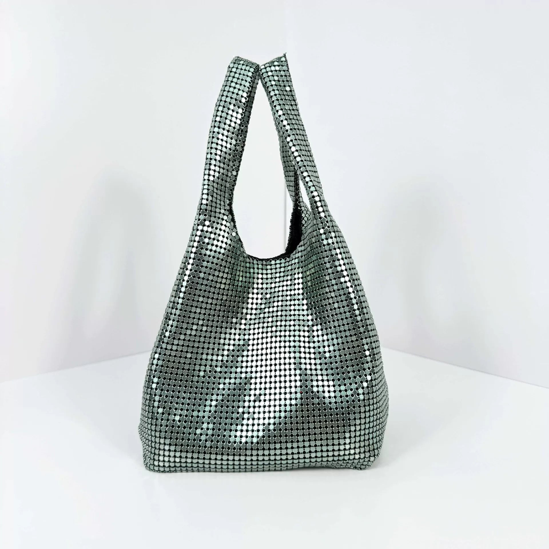 European and American Aluminum Plate Evening Bag – Shiny Sequin Bucket Vest Handbag for Ladies