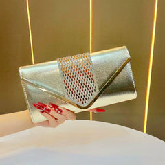 Elegant Gold Metallic Clutch – Rhinestone Detail Evening Bag for Women