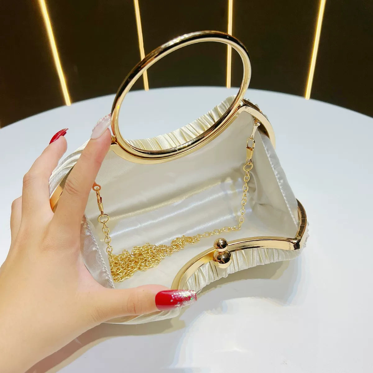 Women's Pleated Evening Handbag – Party Dress Bag with Ring Detail, Elegant KTV Princess Style