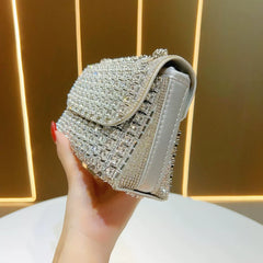 European and American High-End Diamond-Encrusted Small Square Evening Bag – Chain Shoulder and Crossbody Armpit Bag