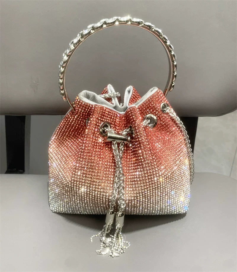 2025 High-End Pink Rainbow Diamond Evening Bag - Rhinestone Crossbody Handbag for Women