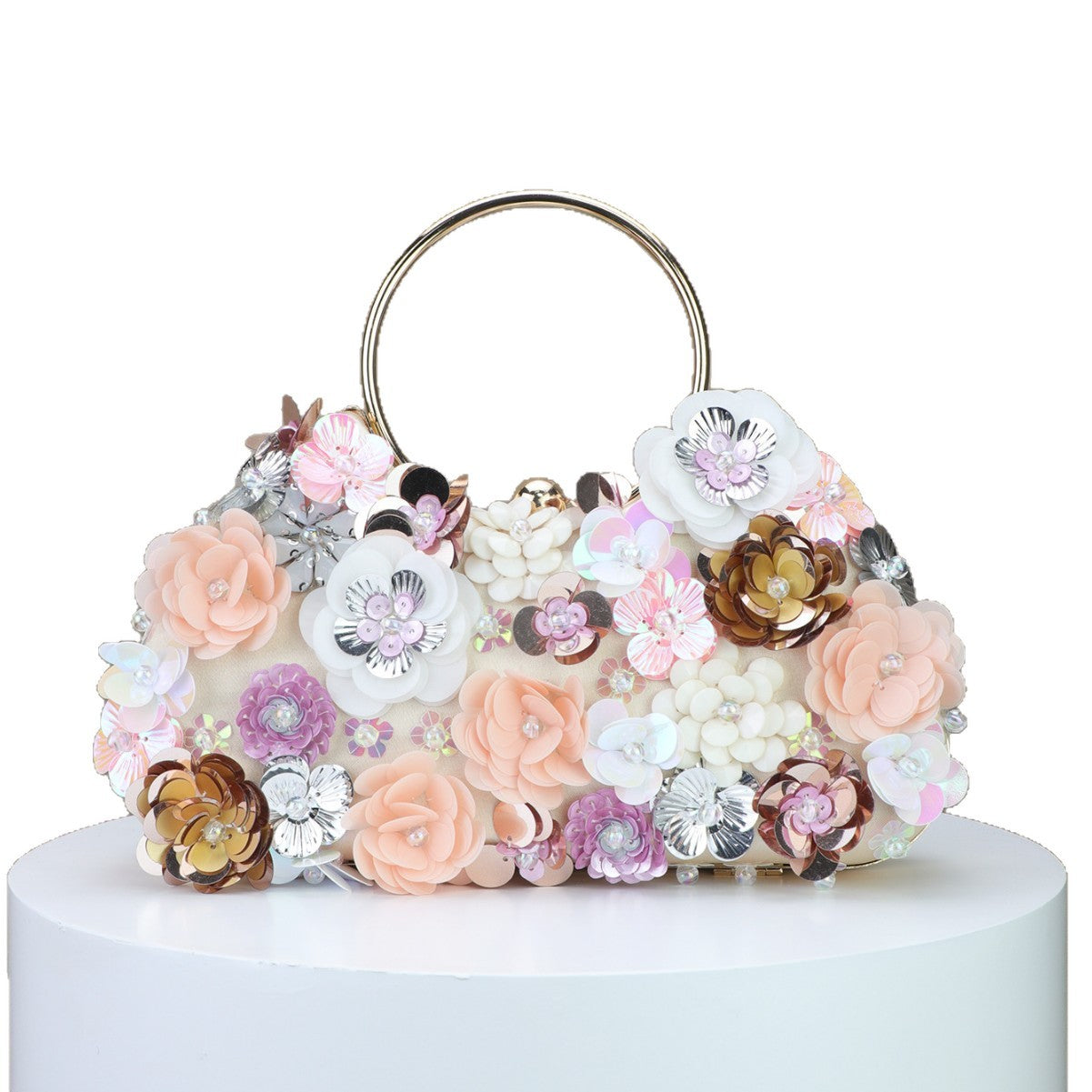 Pink Three-Dimensional Flower Evening Clutch with Mini Ring Detail