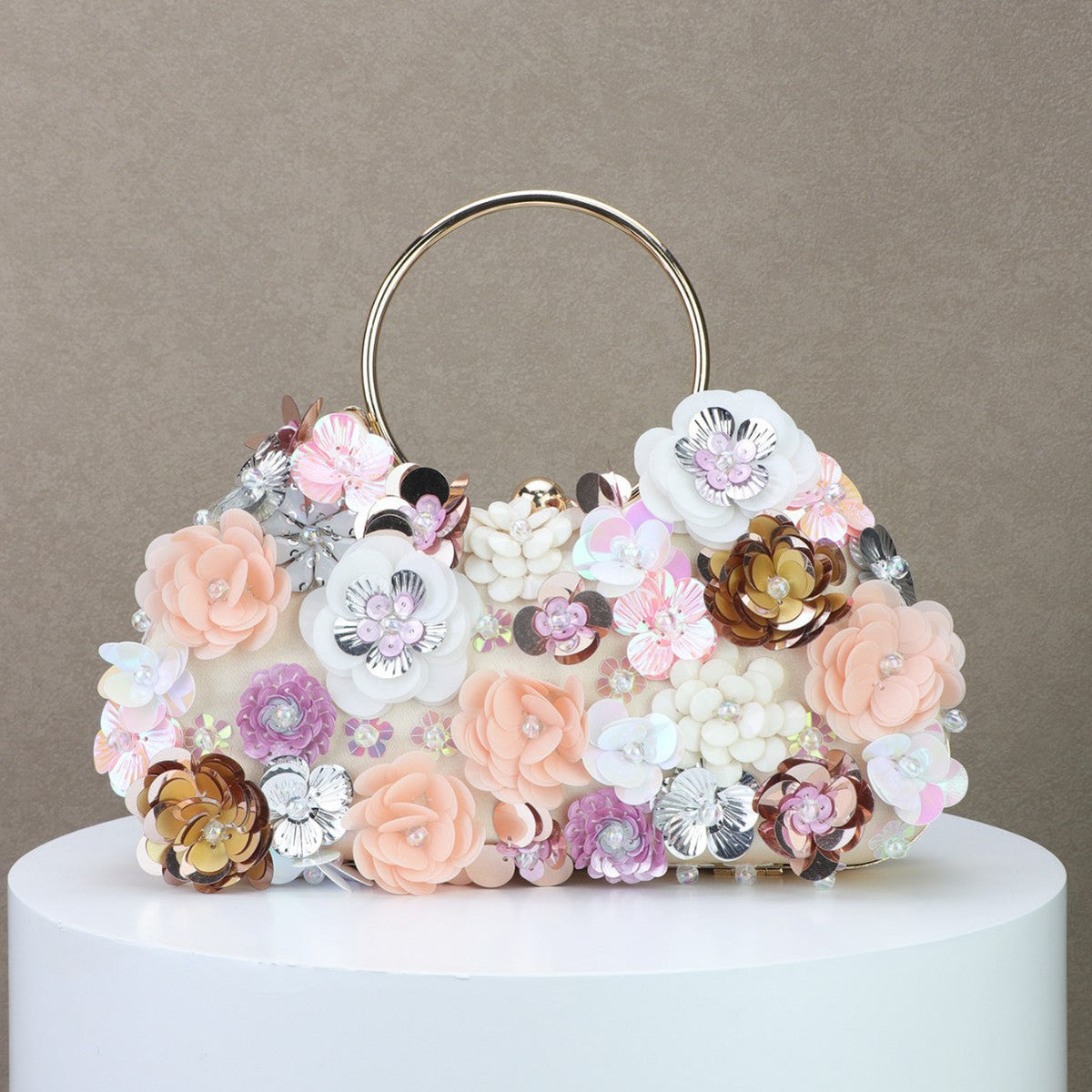 Pink Three-Dimensional Flower Evening Clutch with Mini Ring Detail
