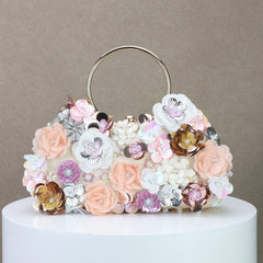 Pink Three-Dimensional Flower Evening Clutch with Mini Ring Detail