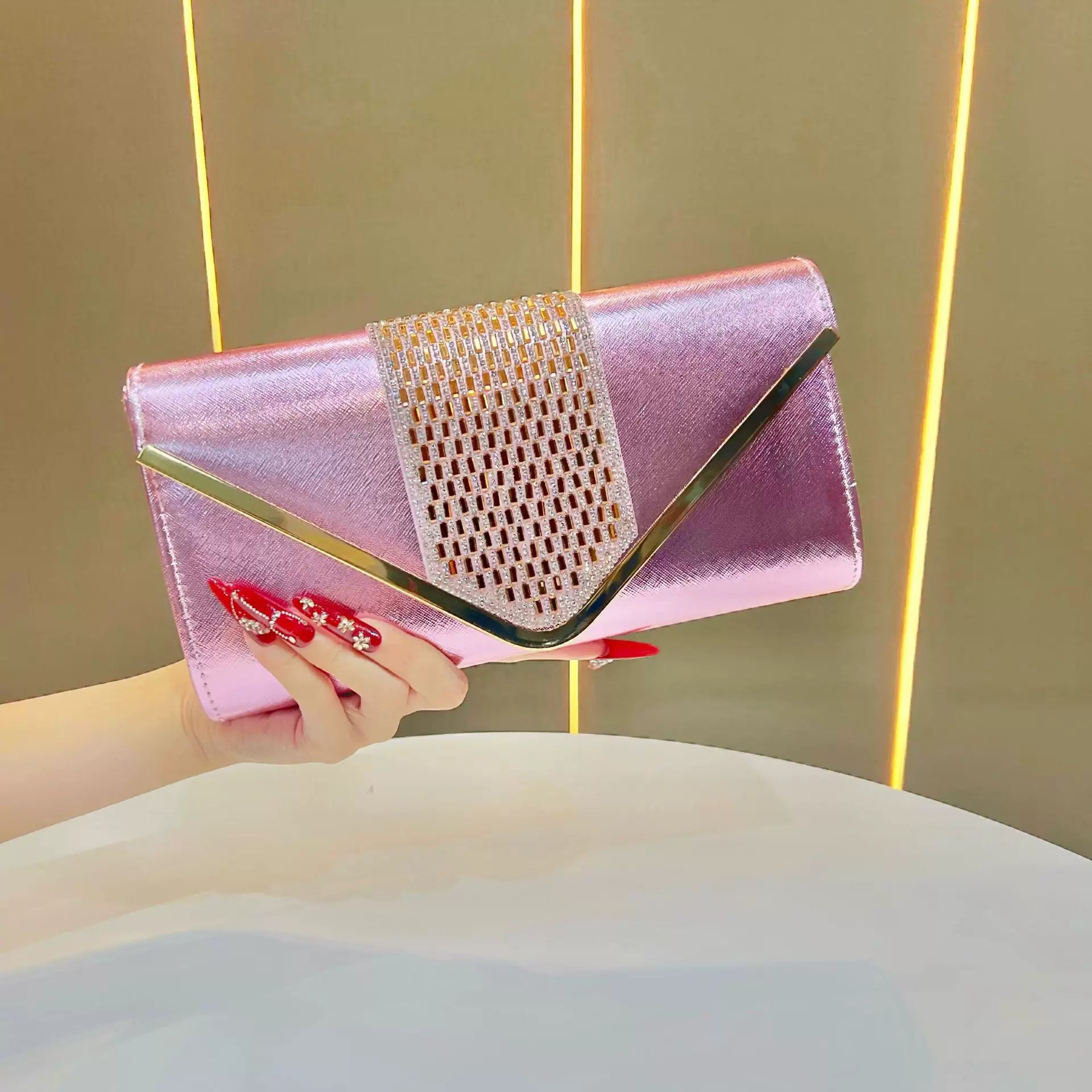 Elegant Gold Metallic Clutch – Rhinestone Detail Evening Bag for Women