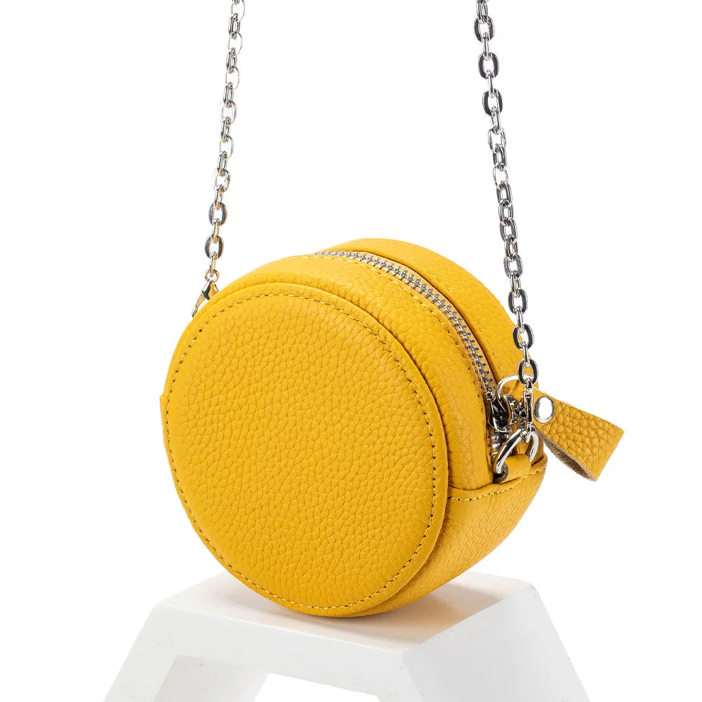 New Genuine Leather Round Mini Chain Shoulder Crossbody Bag – Women’s First Layer Cowhide Portable Powder Storage Bag