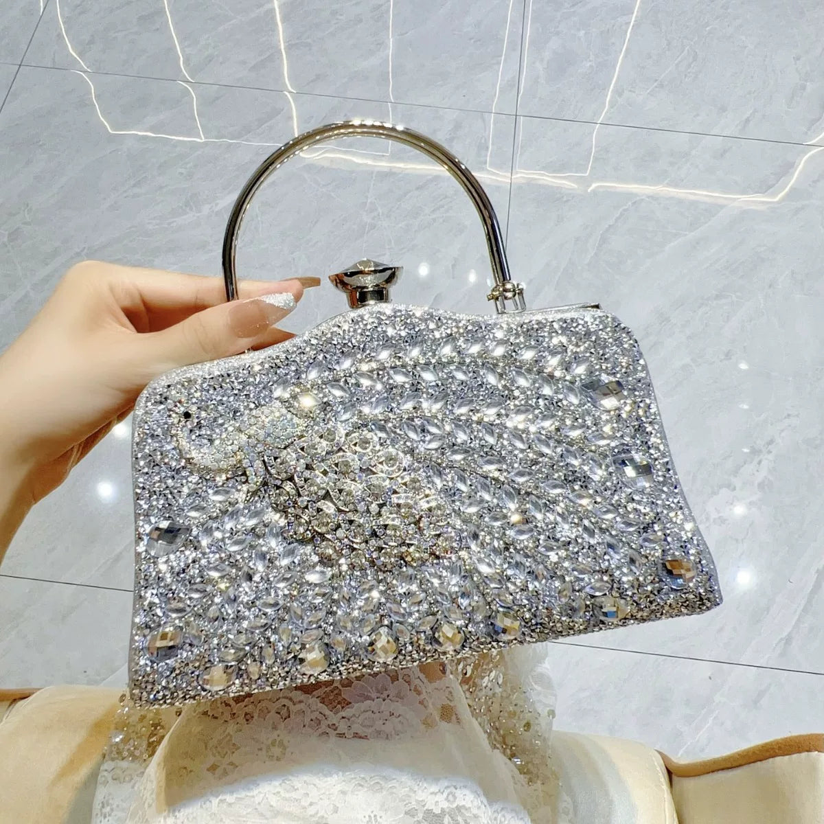 Peacock Rhinestone Evening Handbag for Women – Top Handle and Chain Strap Formal Clutch