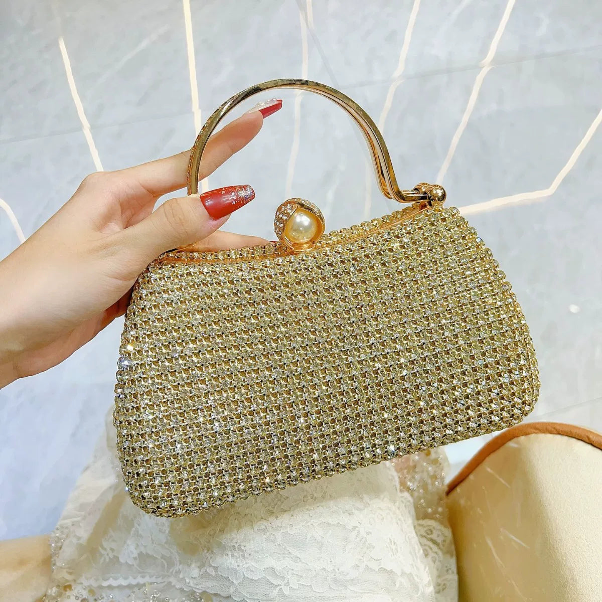 Diamond-Encrusted Small Square Evening Bag – Rhinestone Bridal Handbag with Chain for Women
