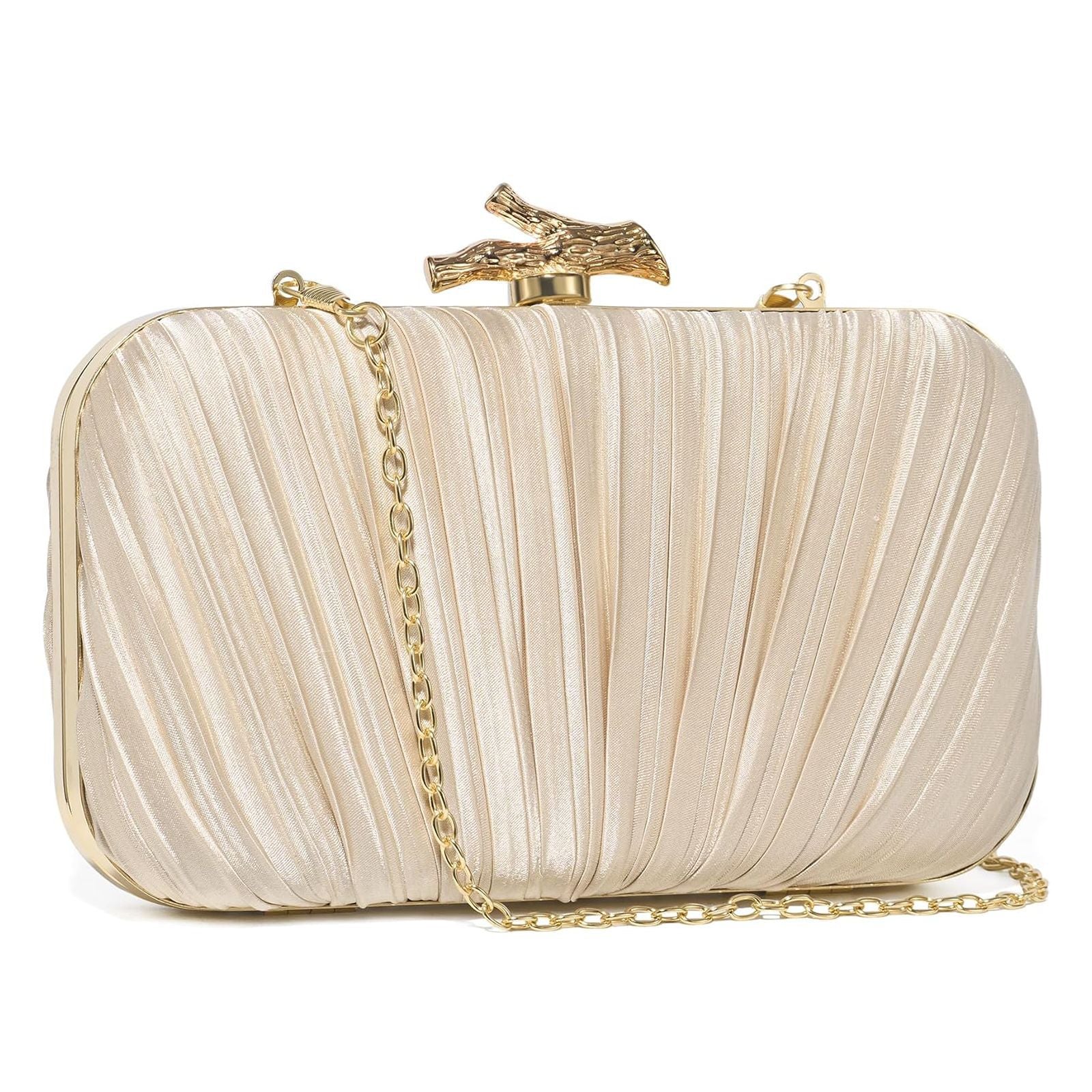 Elegant Pleated Satin Evening Clutch – Gold Handle Formal Party Bag for Women