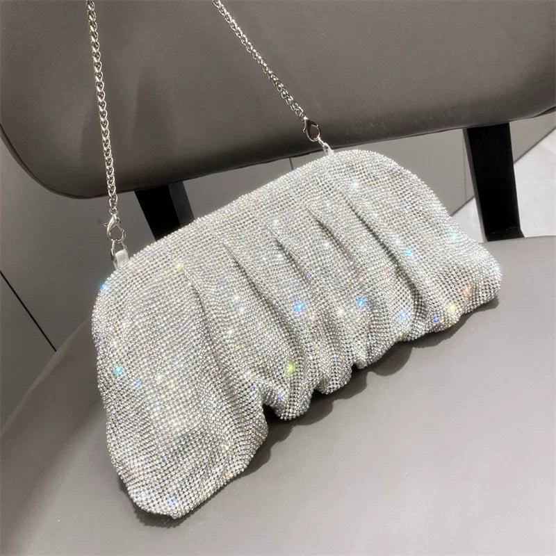 Women's Rhinestone Pleated Evening Bag – One-Shoulder, Crossbody Shiny Clutch for Formal Events
