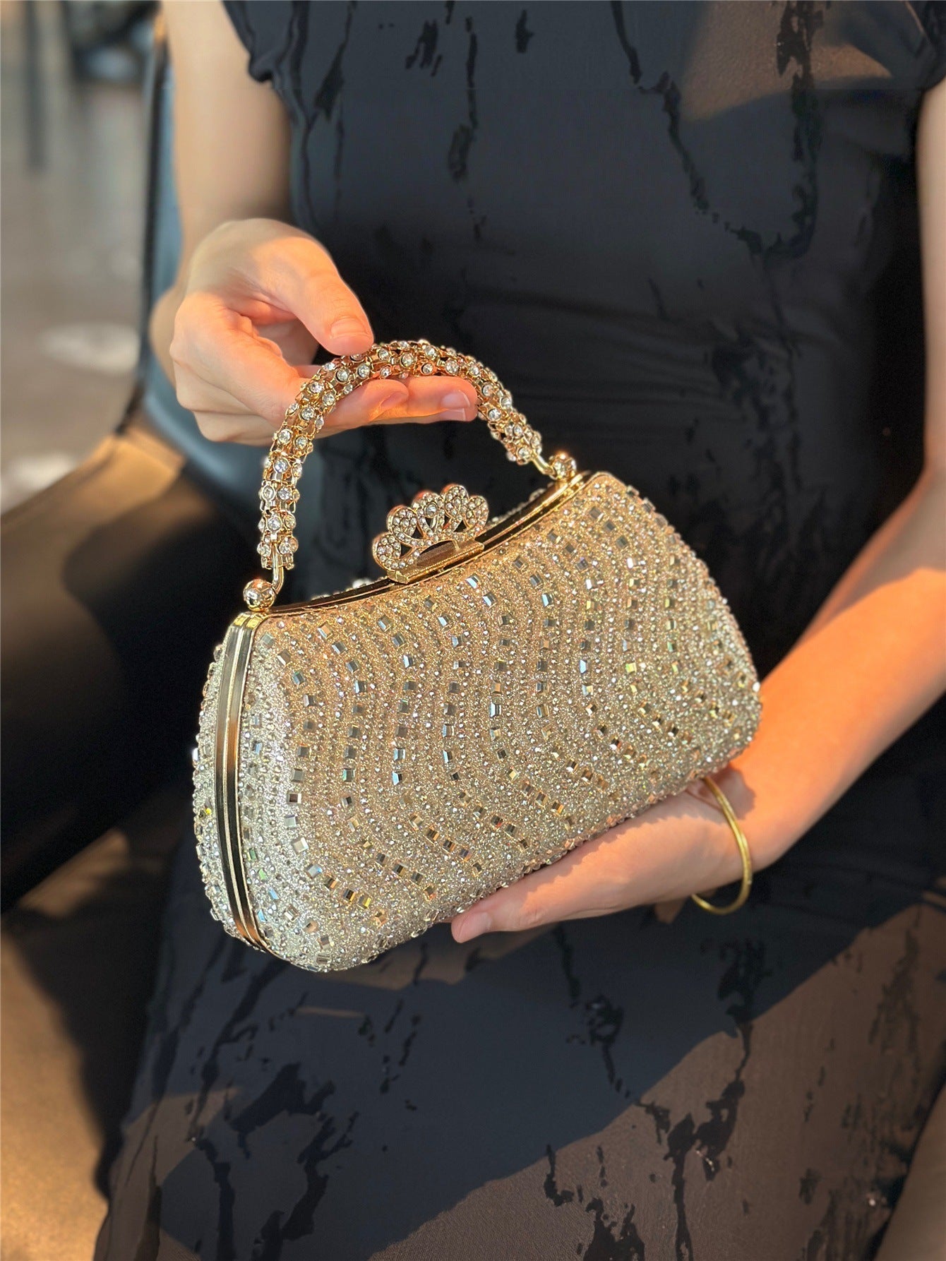 Elegant Pearl and Rhinestone Evening Bag – Beaded Handbag with Crown Handle for Women
