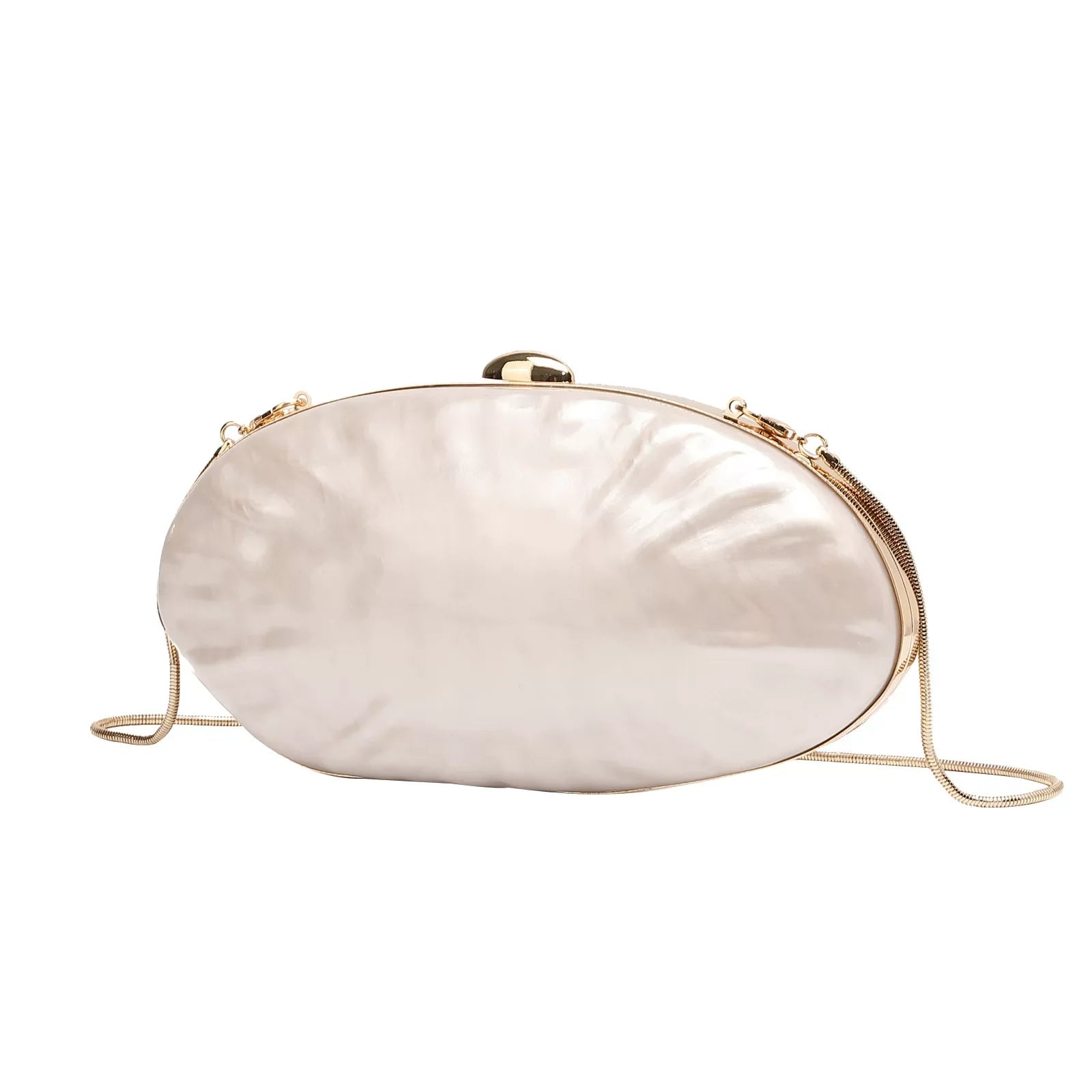 Elegant Pearl White Oval Evening Clutch – Gold Chain Shoulder Bag for Women