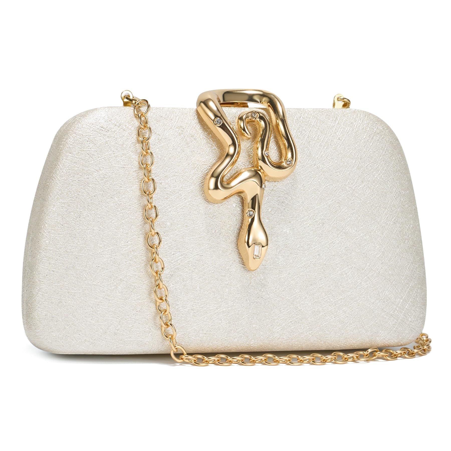 Elegant White Evening Clutch – Gold Snake Clasp Handbag for Women